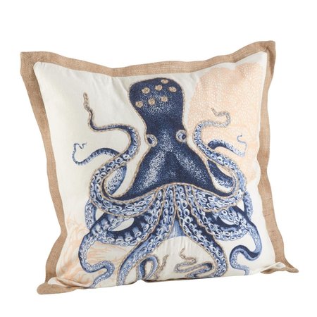 SARO LIFESTYLE SARO 5435.NB20S 20 in. Square Octopus Print Cotton Down Filled Throw Pillow  Navy Blue 5435.NB20S